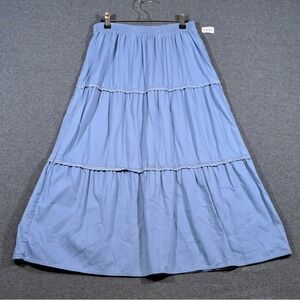 Napa Valley Petite Light Blue Tiered Maxi Skirt Lace Trim Cotton Rayon PM